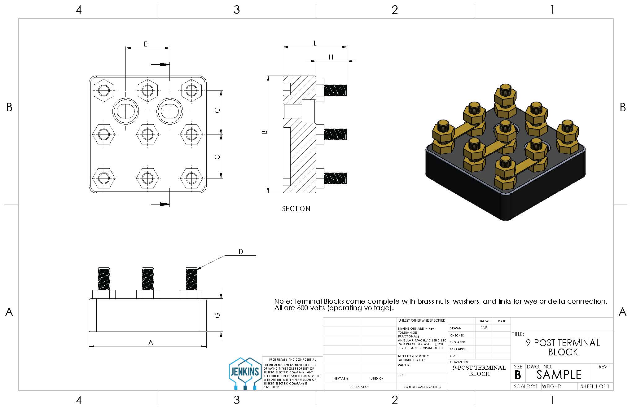 9-post Terminal Block, 16A, 40x40mm - Image 2
